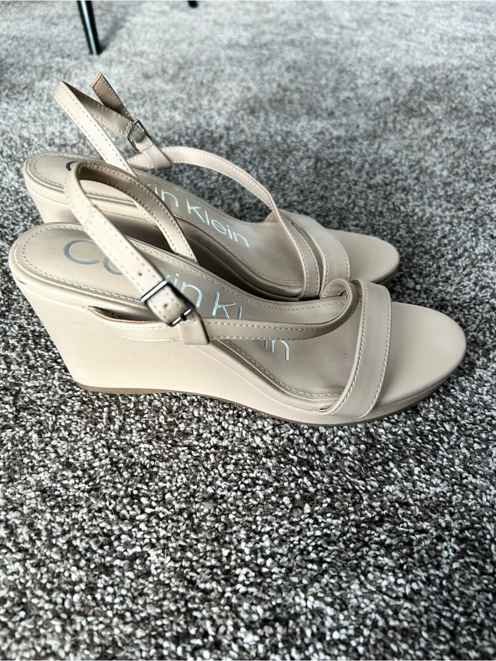 Calvin Klein Nude Beige Matte Finish Slingback Wedge Sandals Size 6 1/2